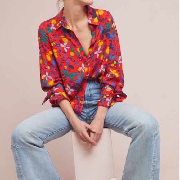 Maeve Tops - Maeve Red Floral Button-Down Shirt w/ Multicolor fruit Print Sz 12